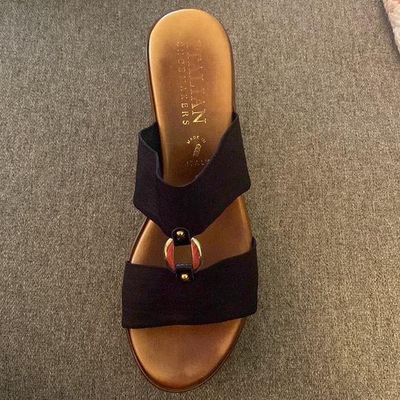 Italian Shoemakers Black Nylon Brass And Leather Wedge Sandal Womens Size 9 - Picture 3 of 15